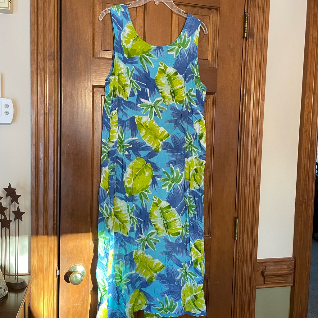 Carolina Bay Tropical Blue And Green Sleeveless Dress With Slit In Back, Size L